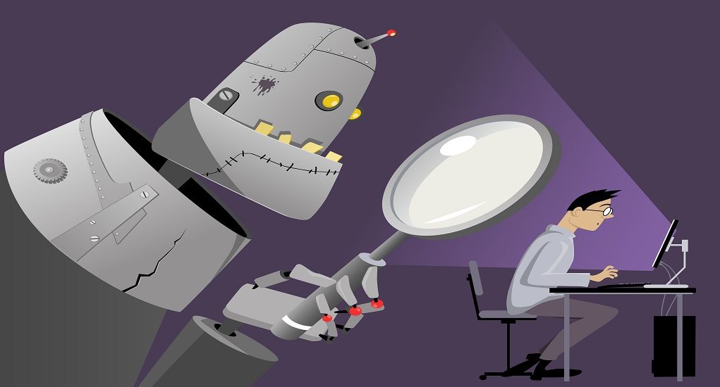 Giant,Robot,With,A,Magnifying,Glass,Standing,Behind,The,Back