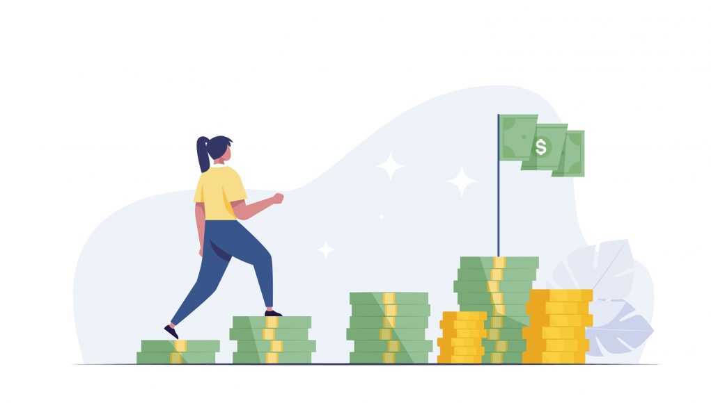 Business,Woman,Is,Climbing,Stairs,From,Stacks,Of,Coins,Toward